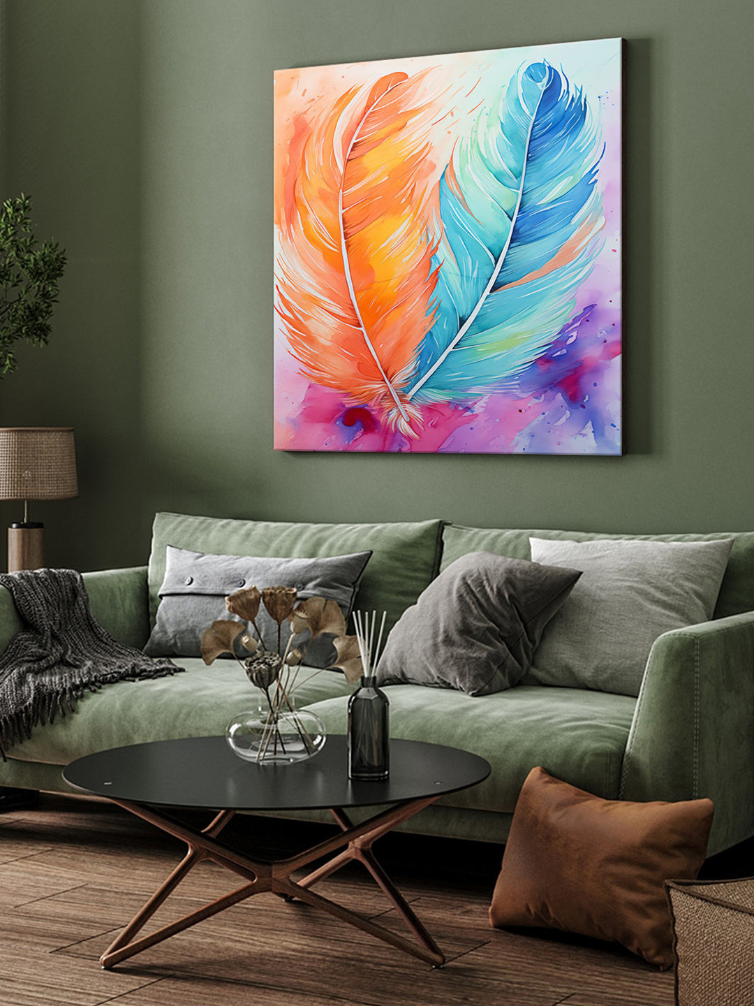 999Store Orange Coloured & Blue Feathers Watercolor Canvas Wall Art