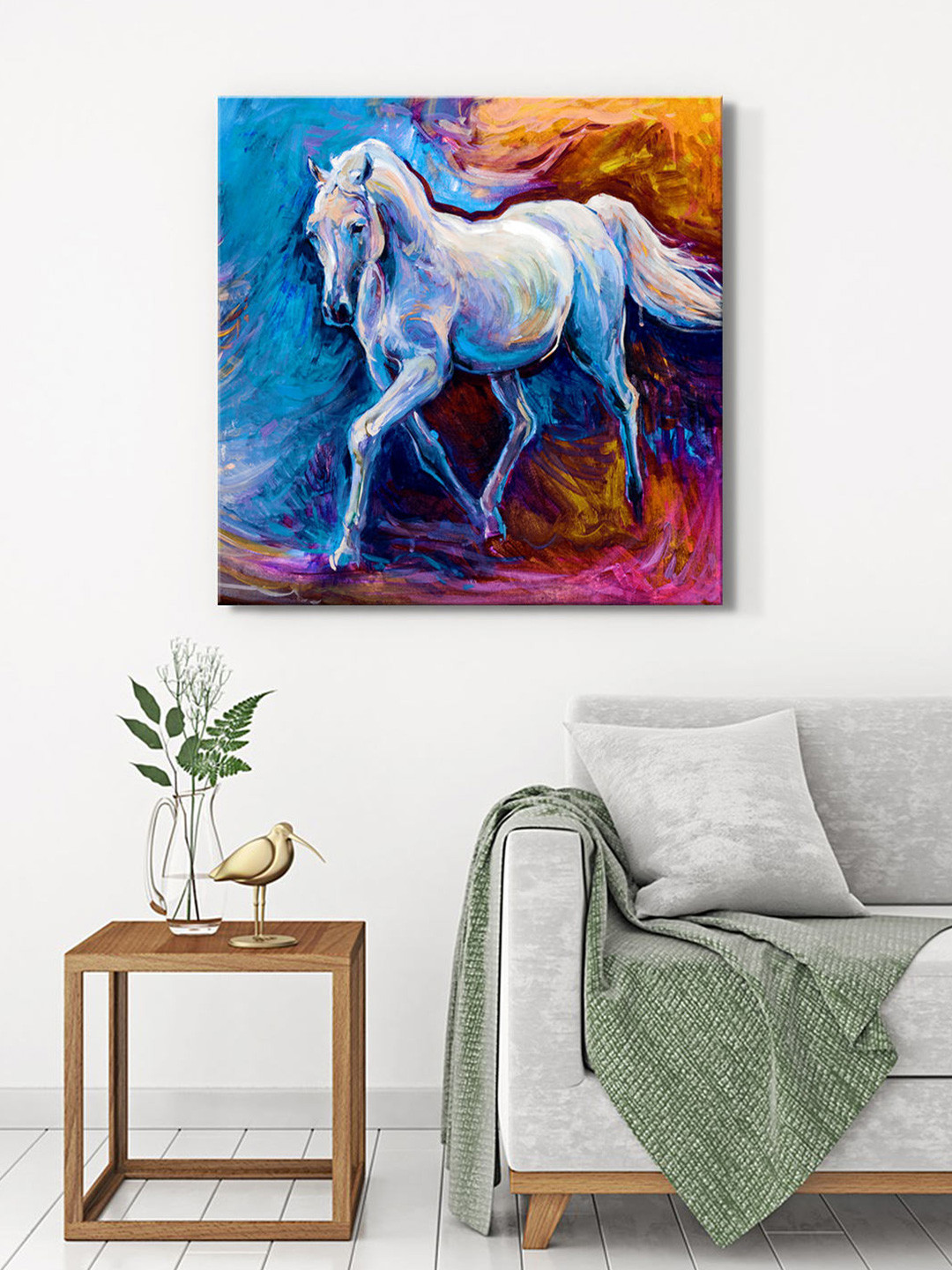 999Store Blue & Orange Canvas Galloping Horse Canvas Wall Art