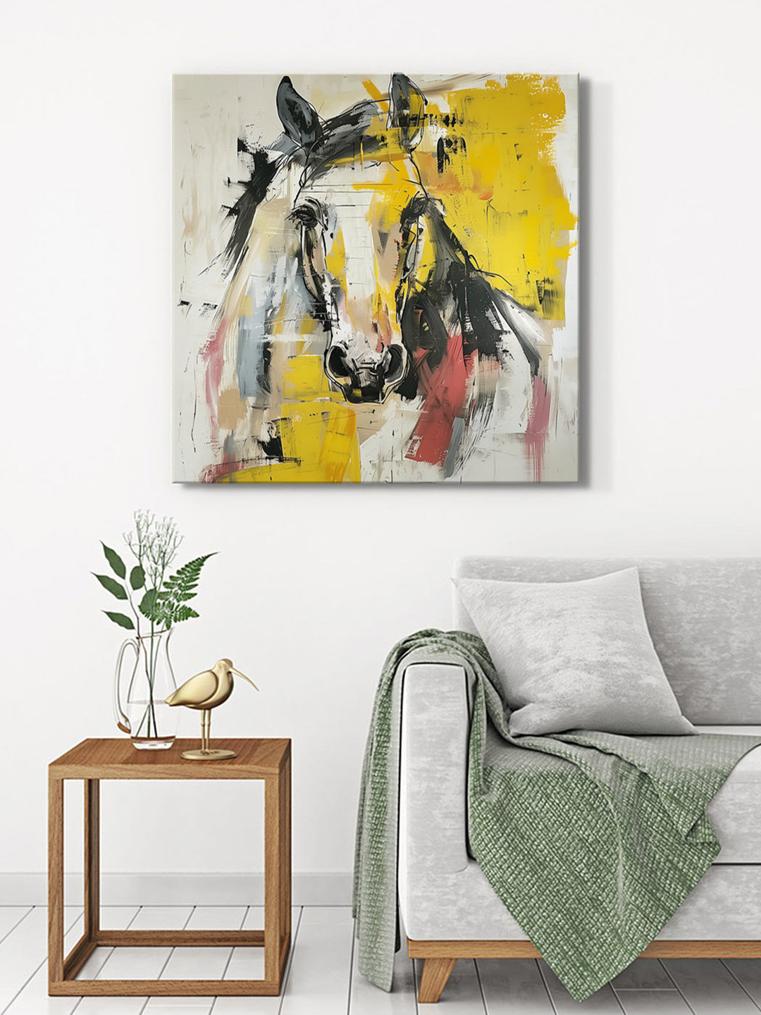 999Store Yellow & Off White Canvas Birds and Animals Wall Painting