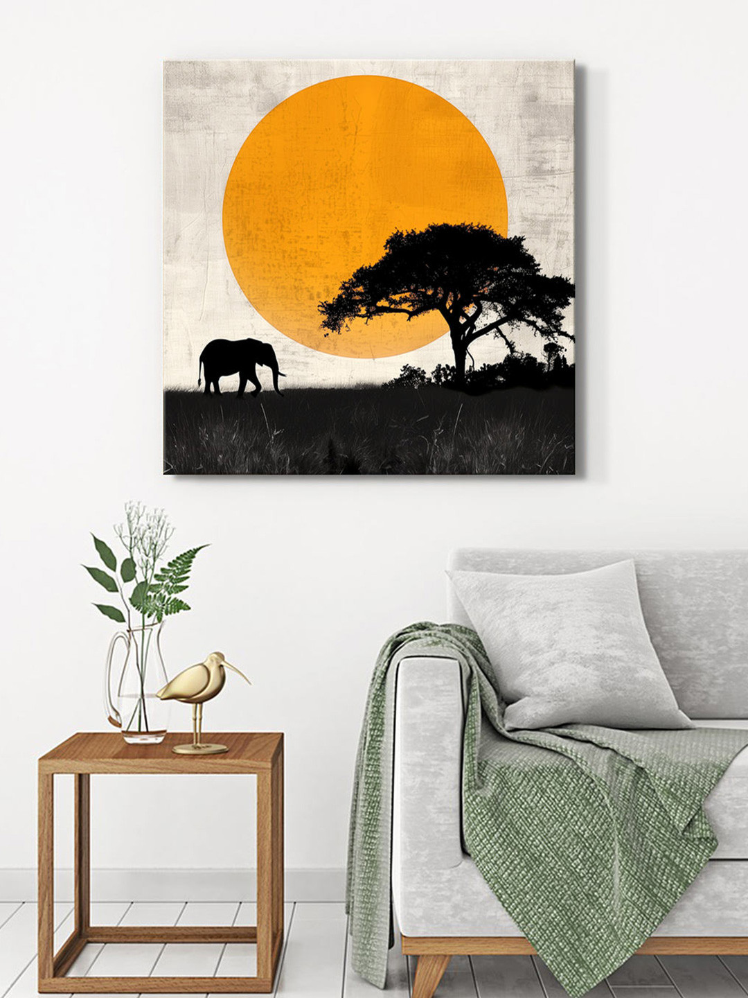 999Store Grey & Orange Canvas Birds and Animals Wall Paintings