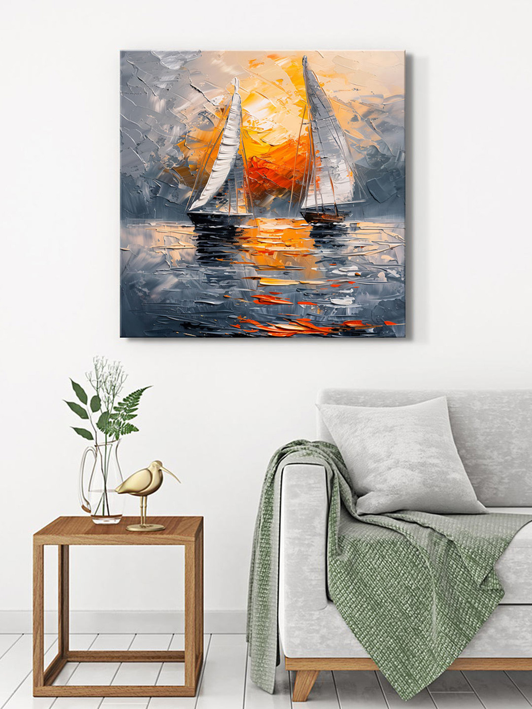 999Store Grey & Orange Canvas  Abstract Wall Painting