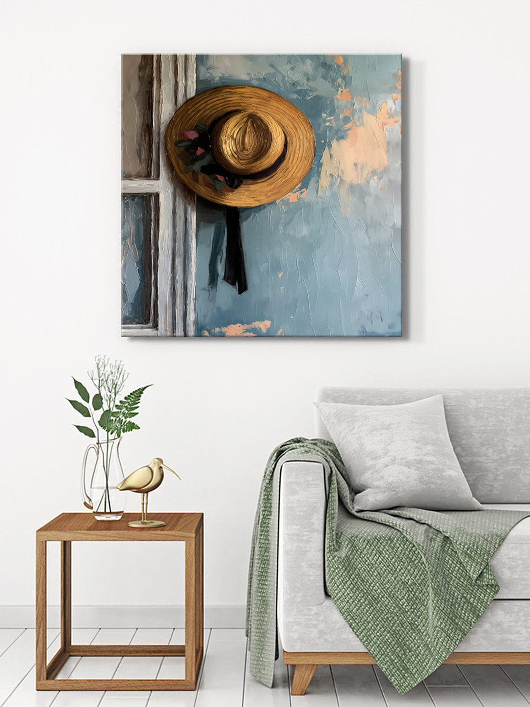 999Store Blue & Brown Rustic Straw Hat Canvas Wall Art