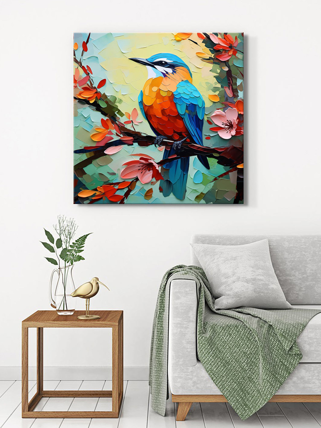 999Store Blue & Orange Coloured Bird On Branch Canvas Wall Art