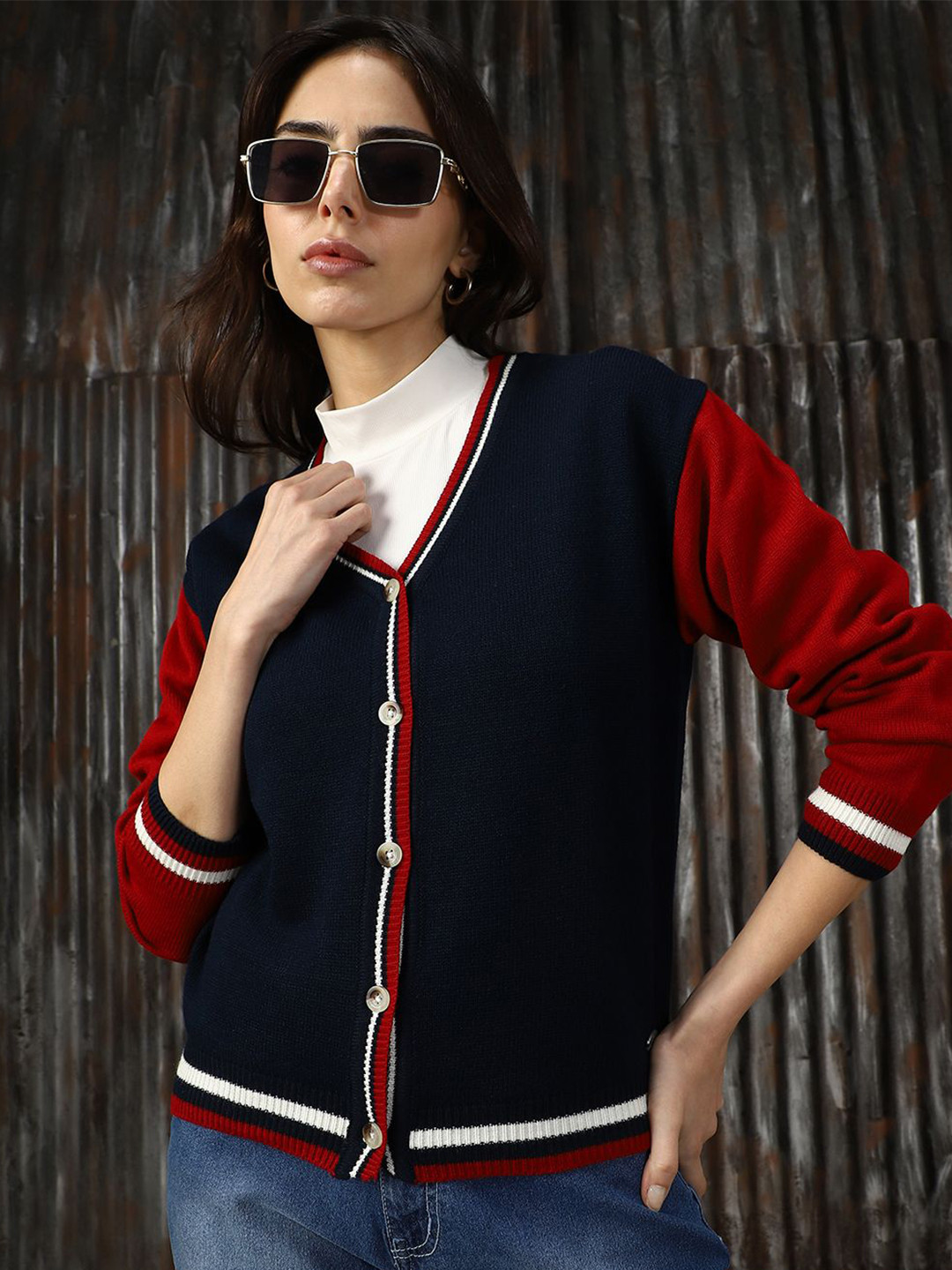 High Star Women Coloblocked Varsity Cardigan Sweaters