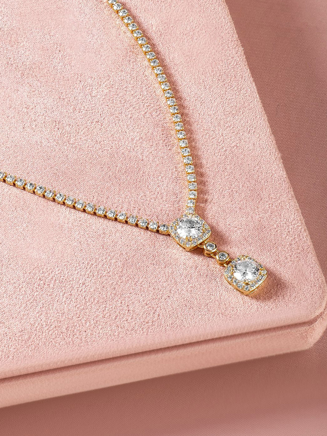 Rubans 18 K Gold Plated Cubic Zirconia Studded Pendant Necklace with Adjustable Chain