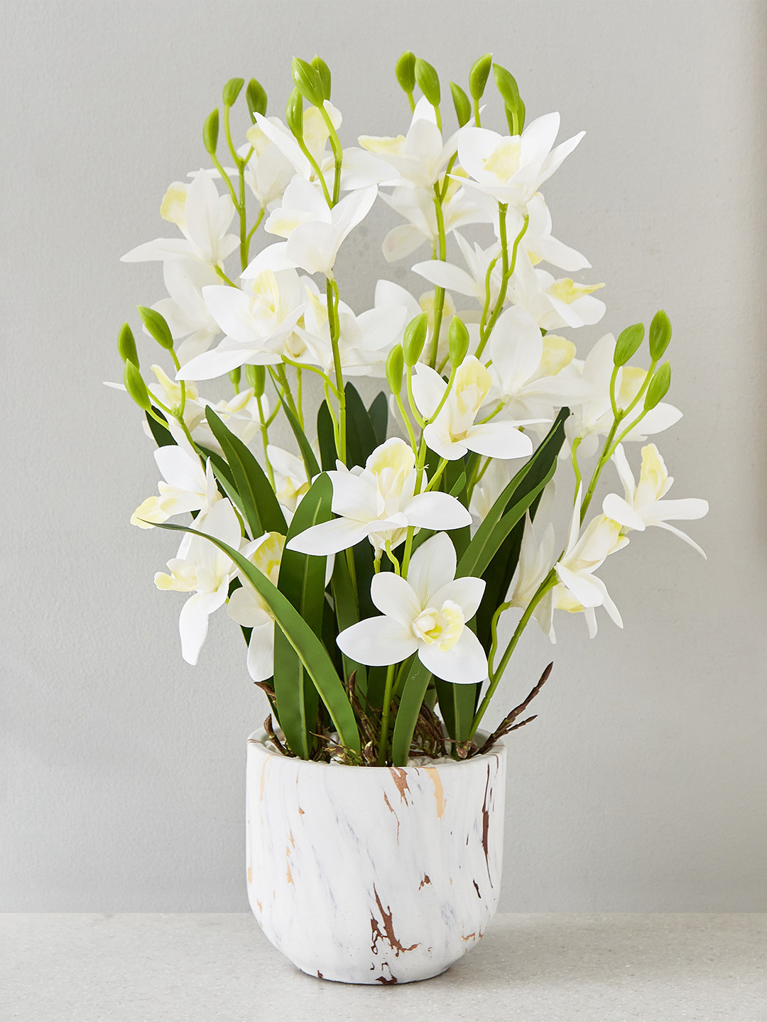Home Centre White & Green Orchid Artificial Flower With Pot