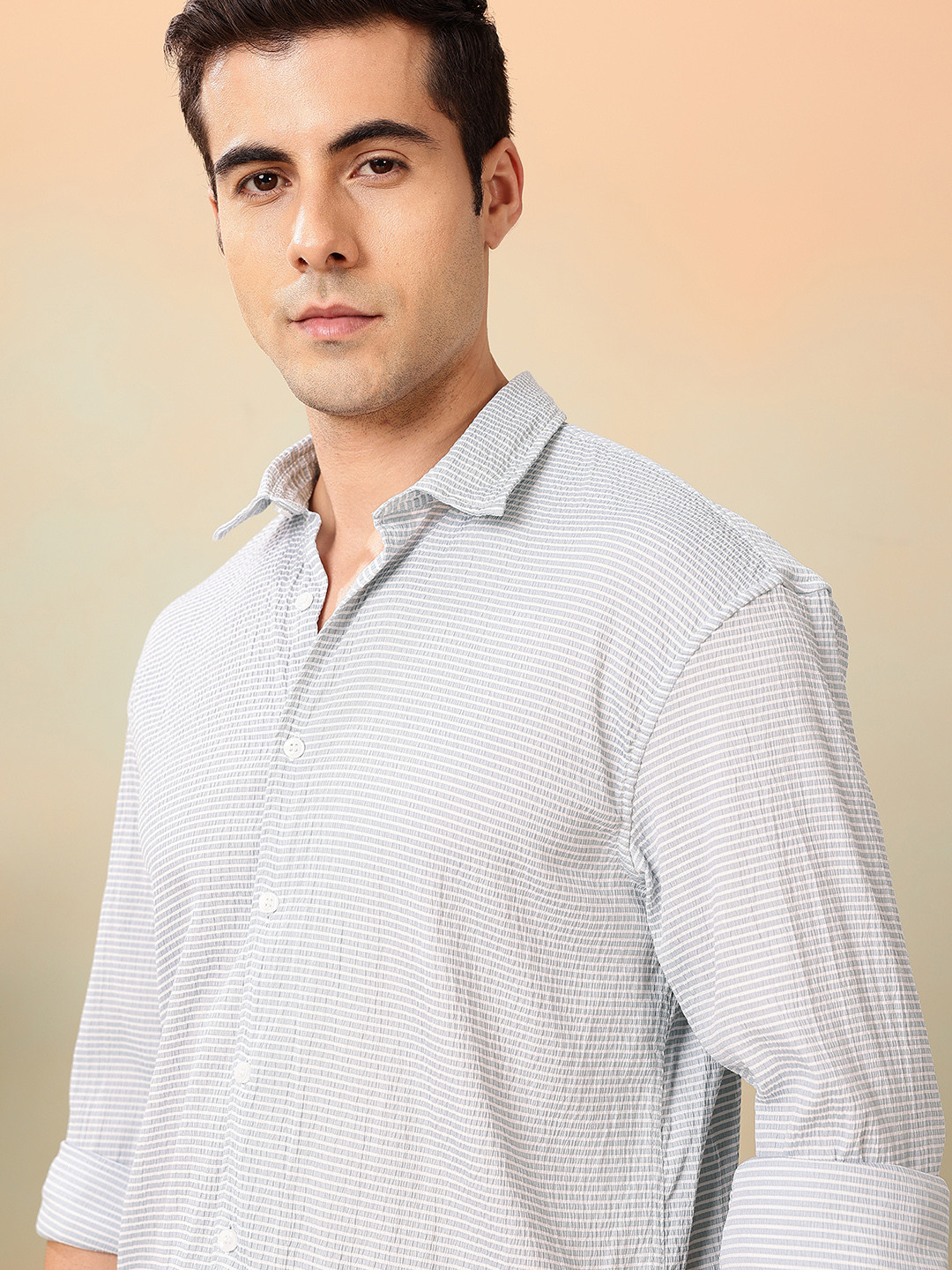 Mast & Harbour Horizontal Striped Seersucker Relaxed Fit Casual Shirt