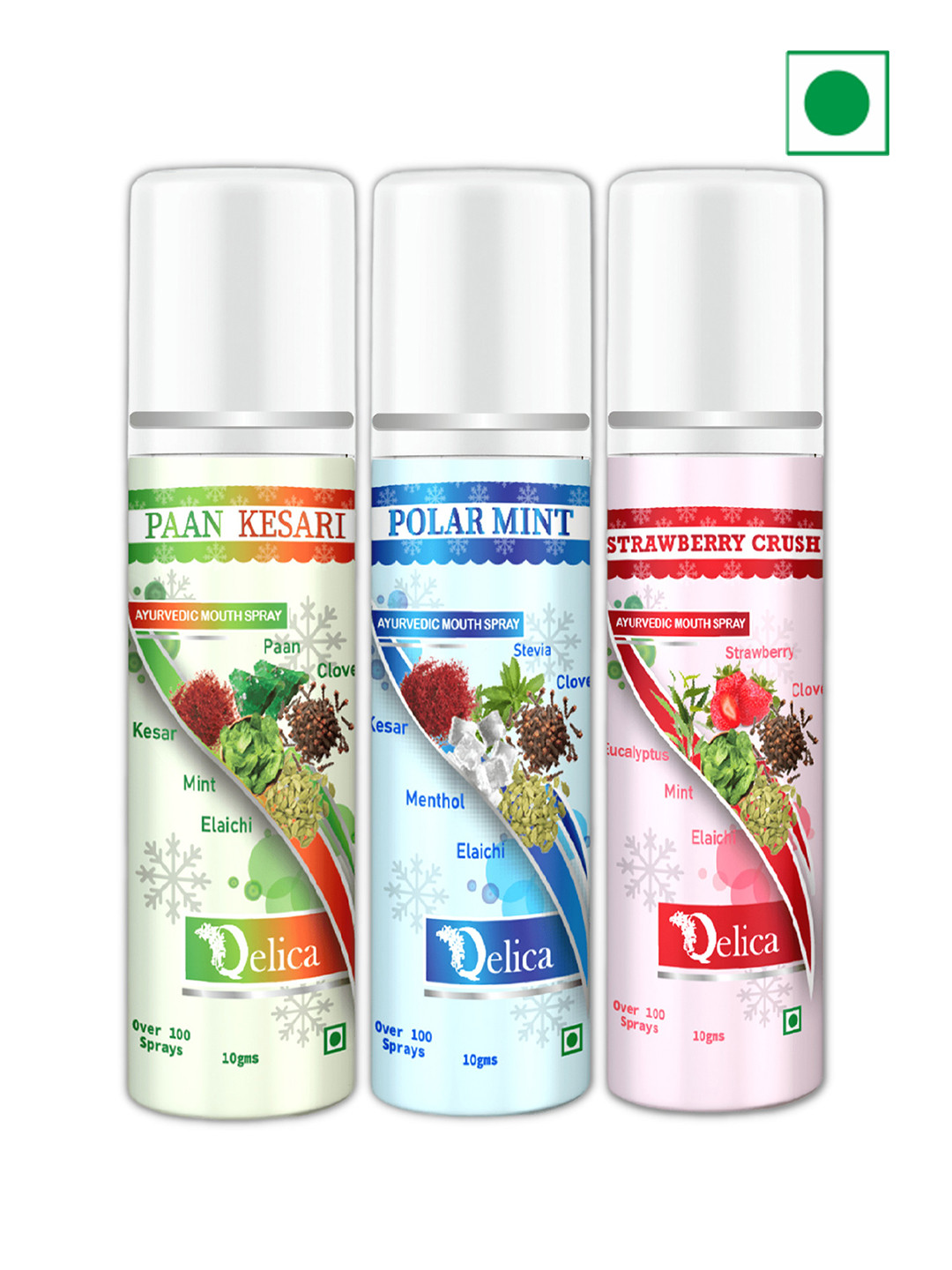 Qelica Set Of 3 Strawberry Crush, Polar Mint & Paan Kesari Mouth Freshener Spray 10 g Each