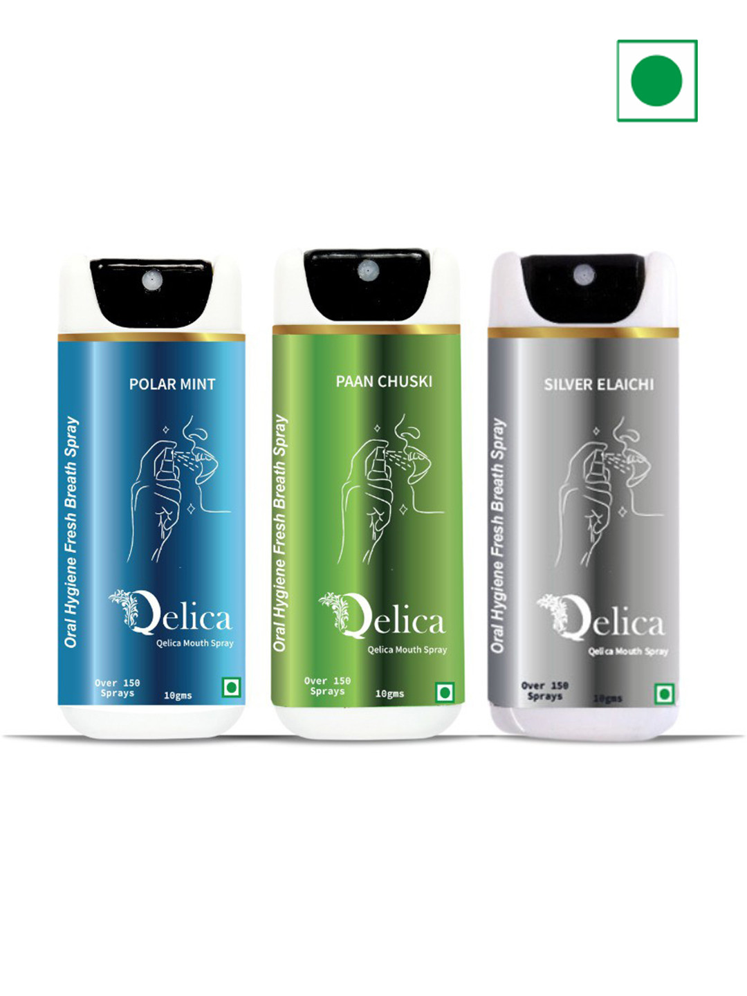 Qelica Set Of 3 Polar Mint Paan Chuski & Silver Elaichi Fresh Breath Spray-10g Each