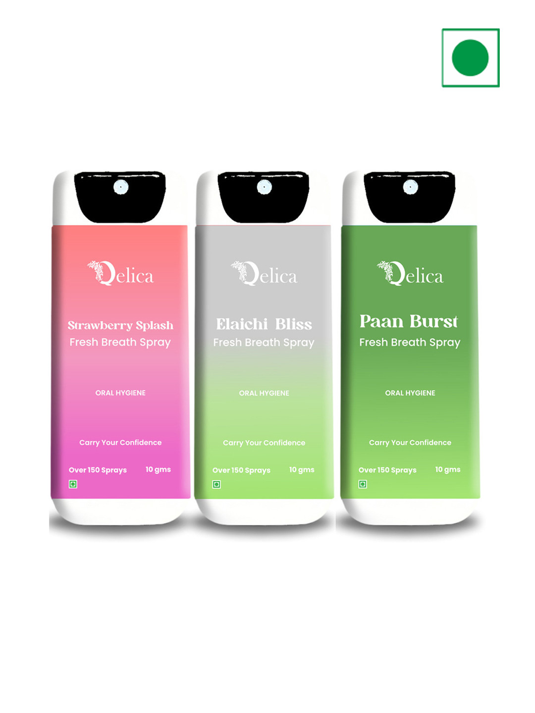 Qelica Set Of 3 Strawberry Splash Elaichi Bliss & Paan Burst Fresh Breath Spray-10g Each