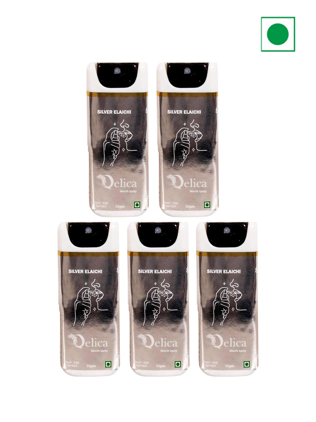 Qelica Set Of 5 Silver Elachi Instant Mouth Freshener Kissing Spray-10g Each