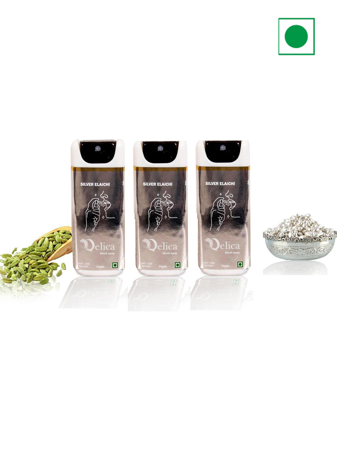 Qelica Set Of 3 Silver Elaichi Mouth Freshener Spray 10 g Each
