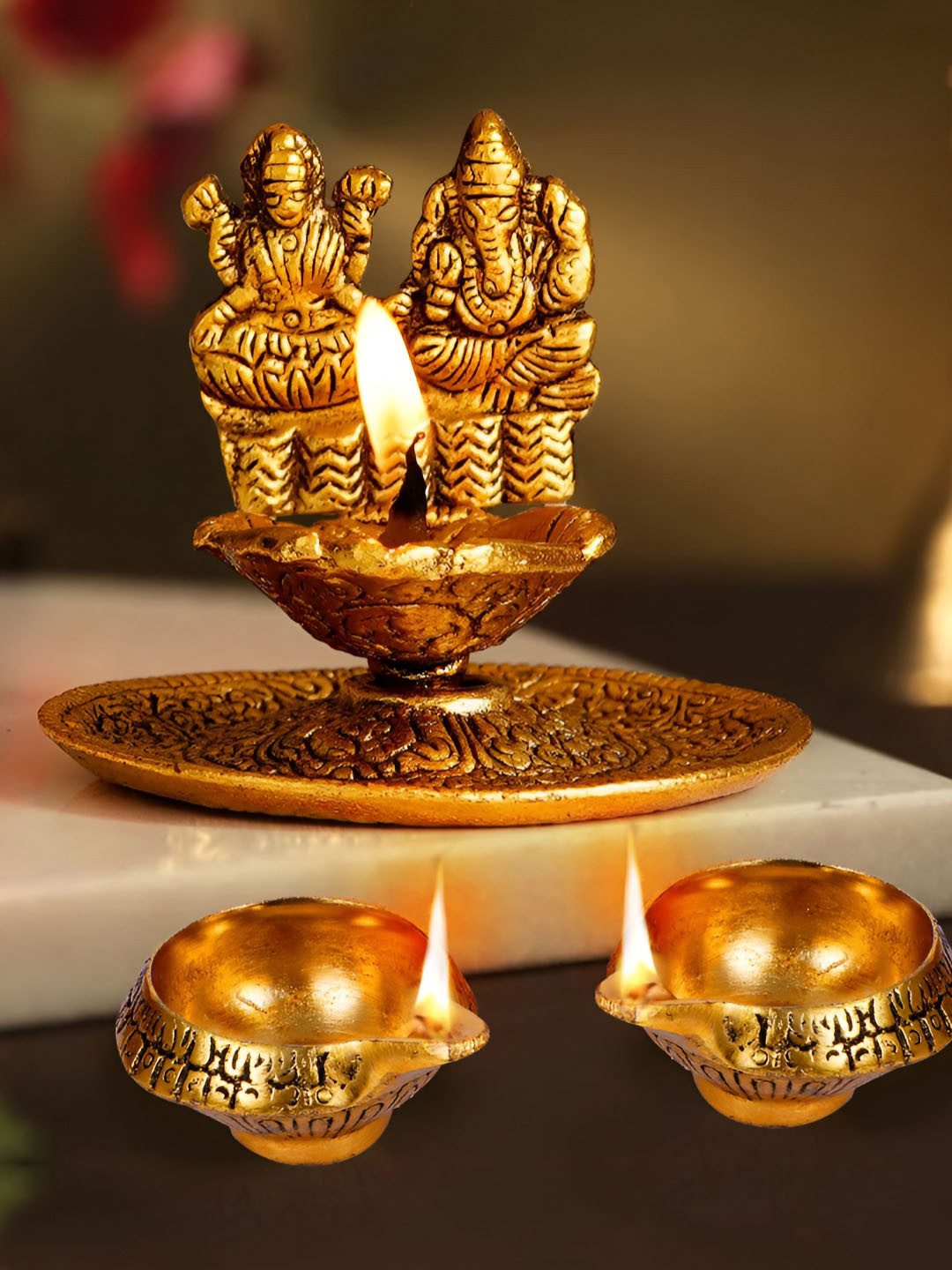 TIED RIBBONS Gold Toned 3 Pieces Textured Metal Pooja Diyas