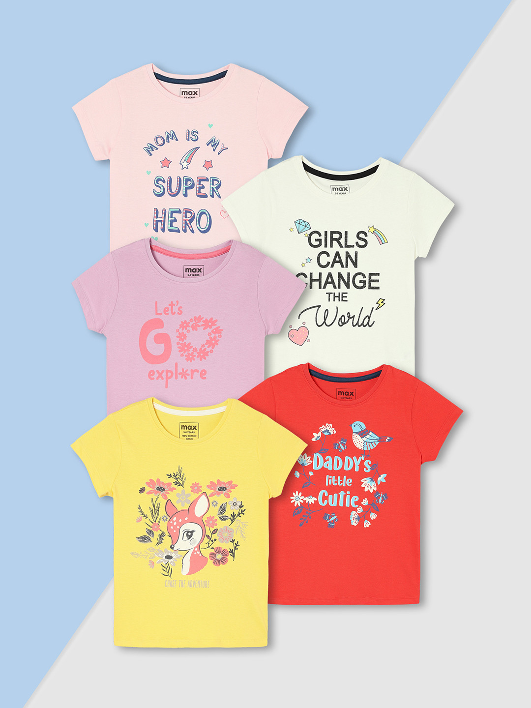Max Girls Pack of 5 Typography Printed Cotton T-Shirt