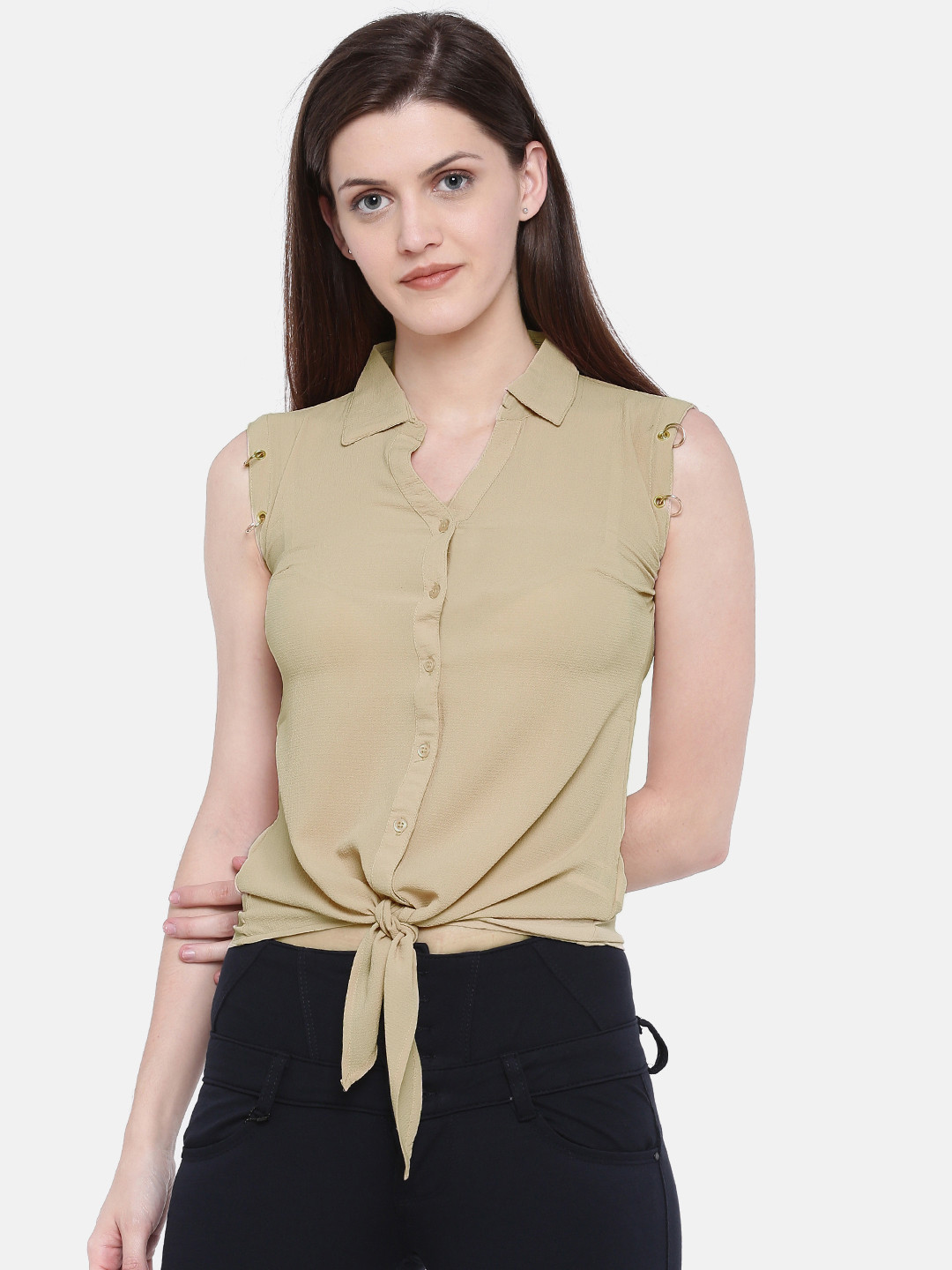 Deal Jeans Women Beige Solid Tie-up Shirt