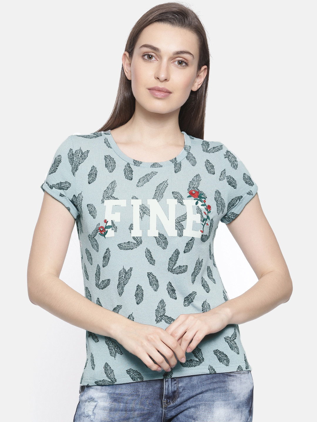 Deal Jeans Women Blue Printed Round Neck T-shirt