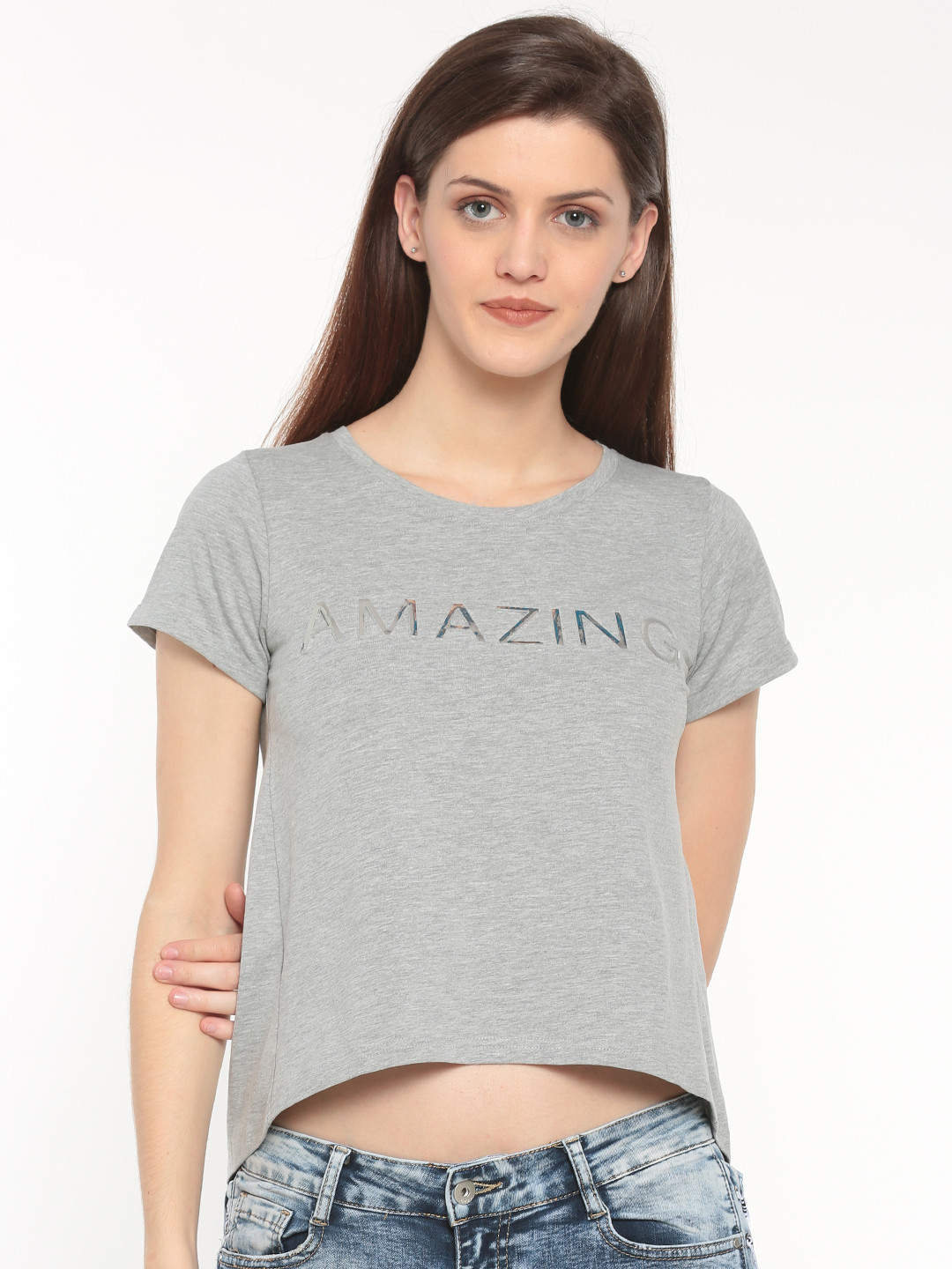 Deal Jeans Women Grey Solid Round Neck High Low T-shirt