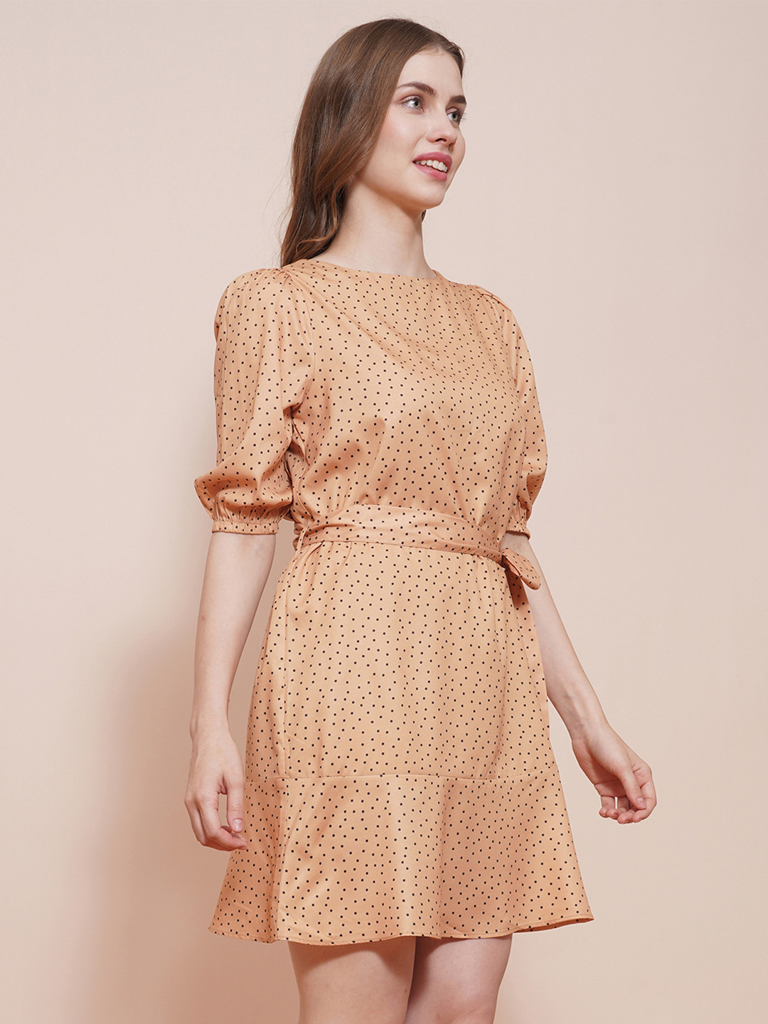 Globus Women Crepe Crew Neck Puff Sleeves Polka Dots A-Line Dress With Belt