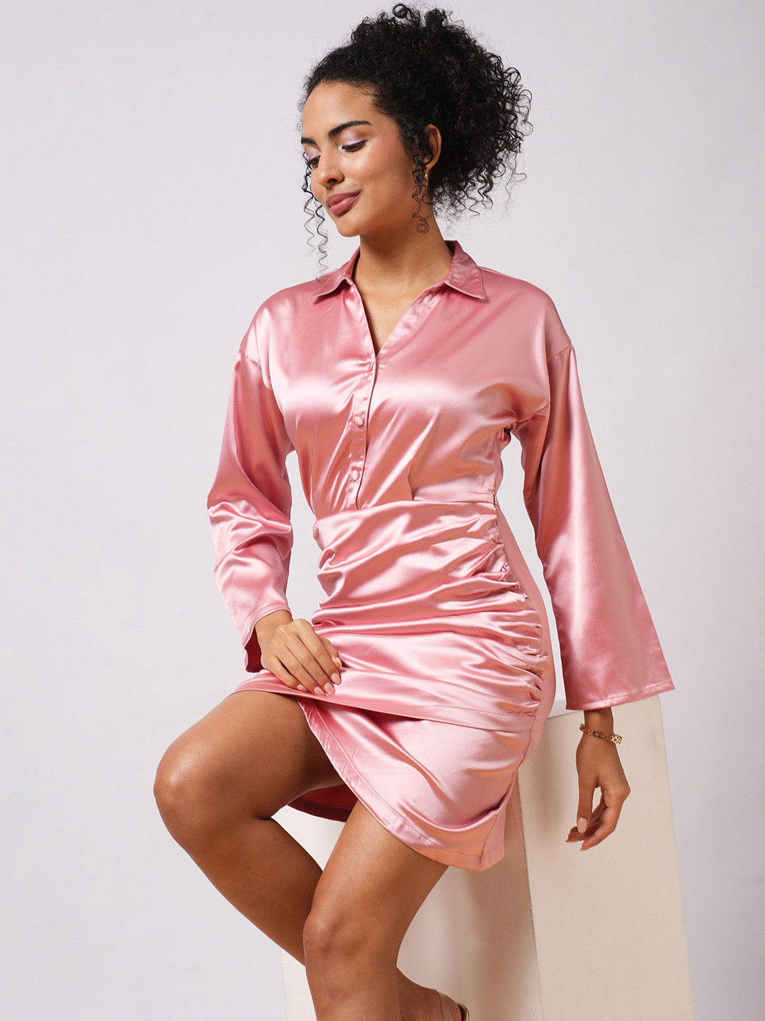 Globus Women Satin Shirt Collar Bell Sleeves Ruched Tulip Hem Mini Bodycon Party Dress