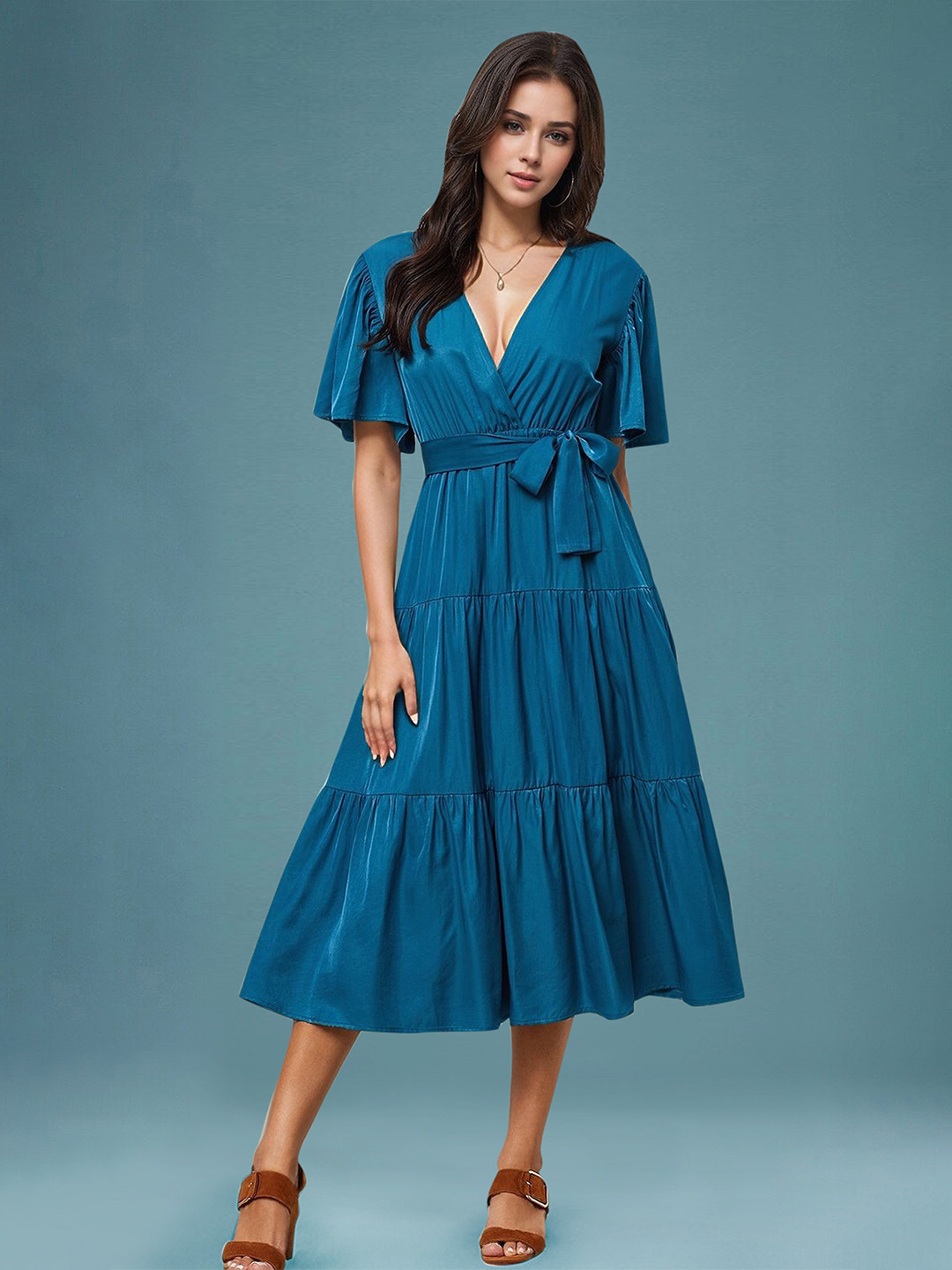 DressBerry Women's Peacock Blue Solid Poly Rayon Below Knee Dress