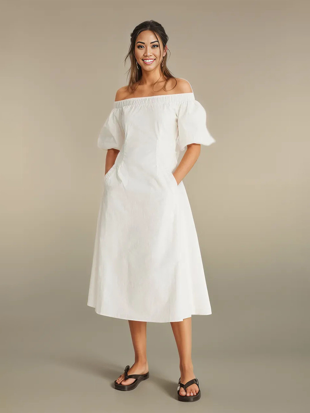DressBerry Women's White Solid Poly Rayon Below Knee Dress