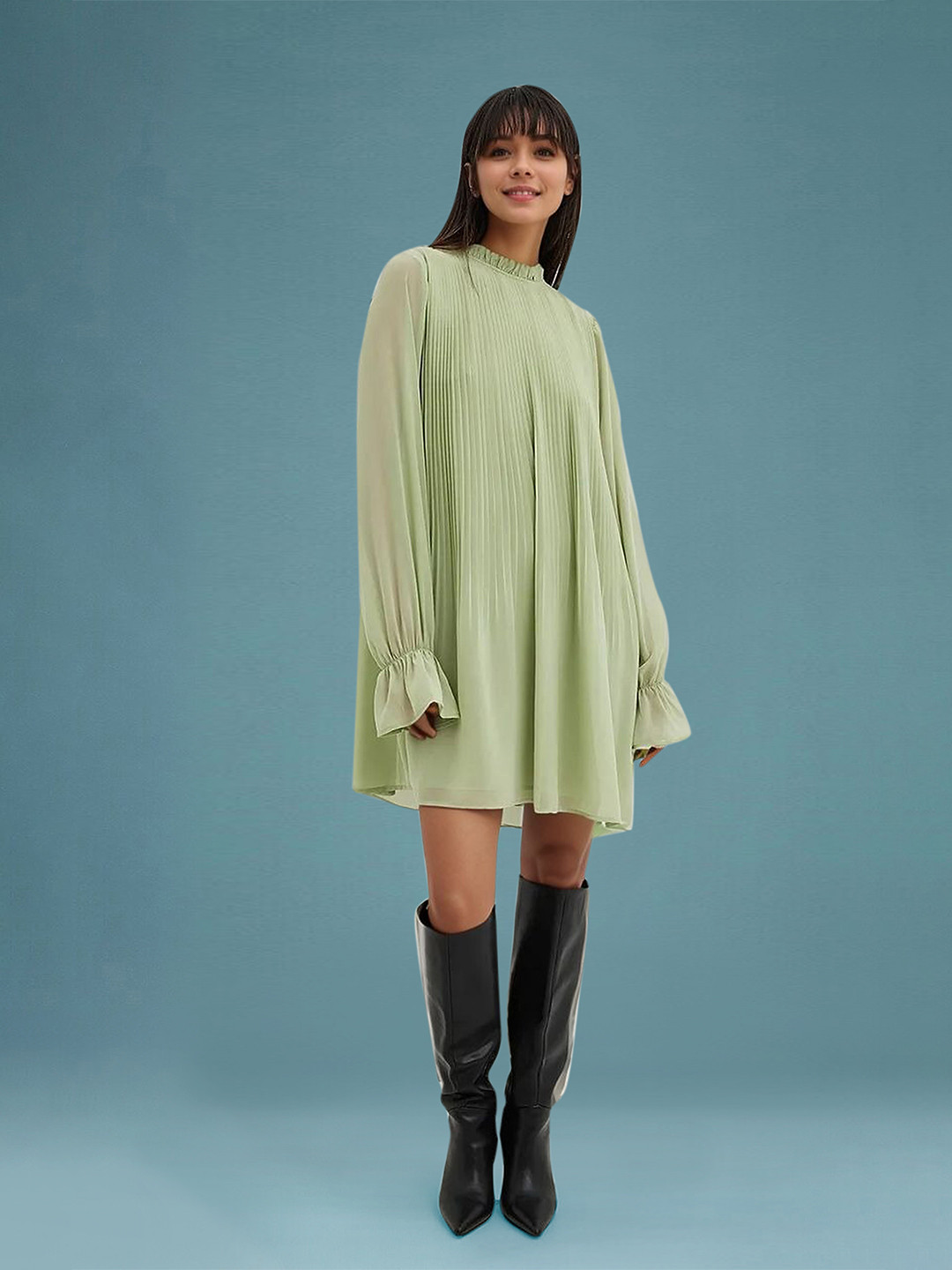 DressBerry Women's Mint Green Solid Georgette Above Knee Dress