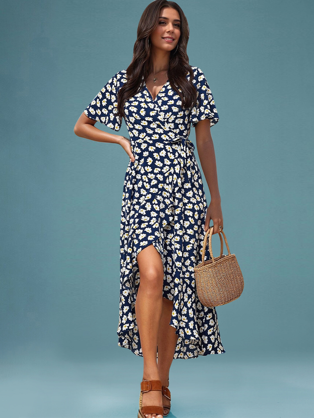 DressBerry Women's Navy Blue Floral Poly Rayon Overlap Calf Length Dress