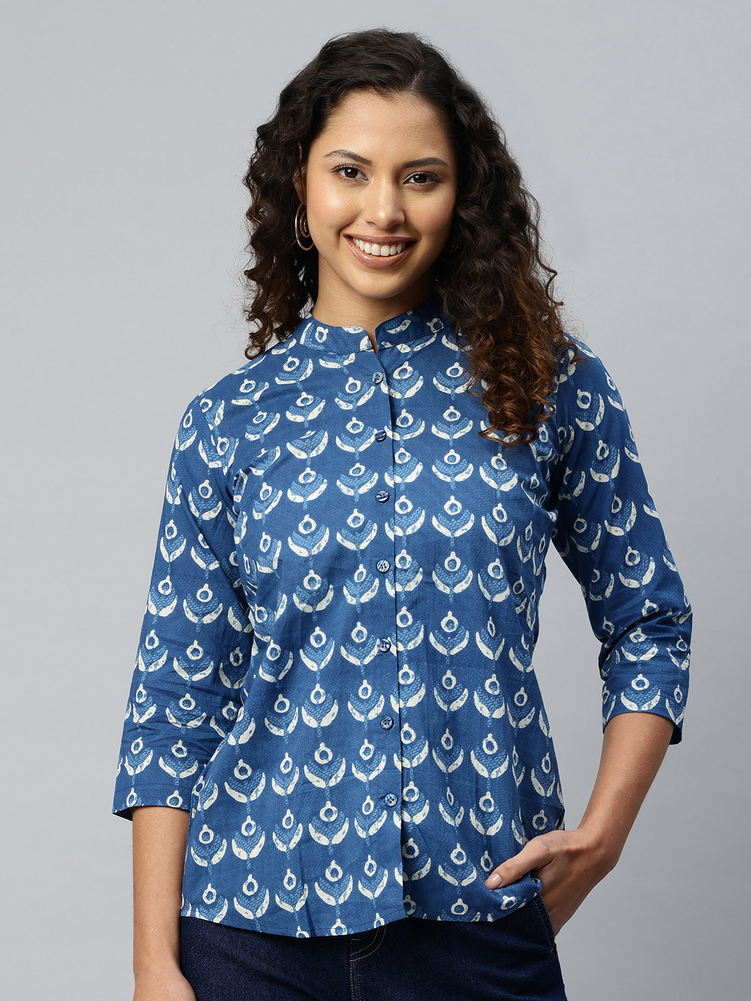 One Femme Print Mandarin Collar Indigo Cotton Shirt Style Top
