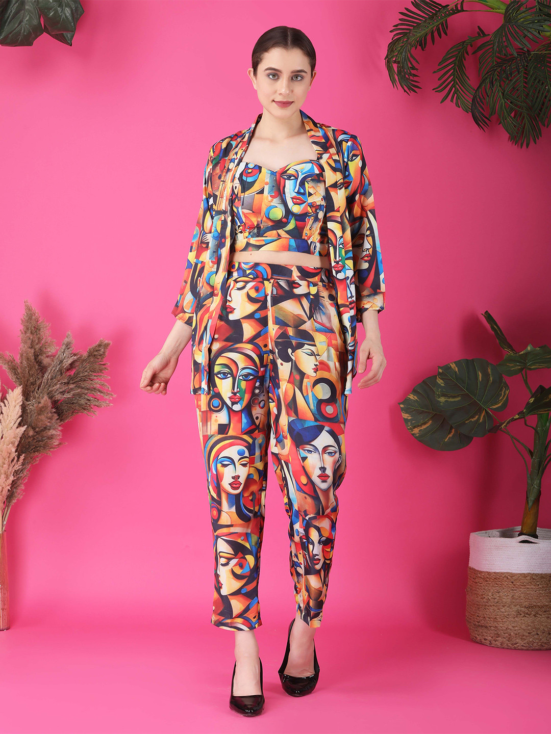 KWEEN Printed V-Neck Three-Quarter Sleeves Viscose Rayon Co-Ord Set