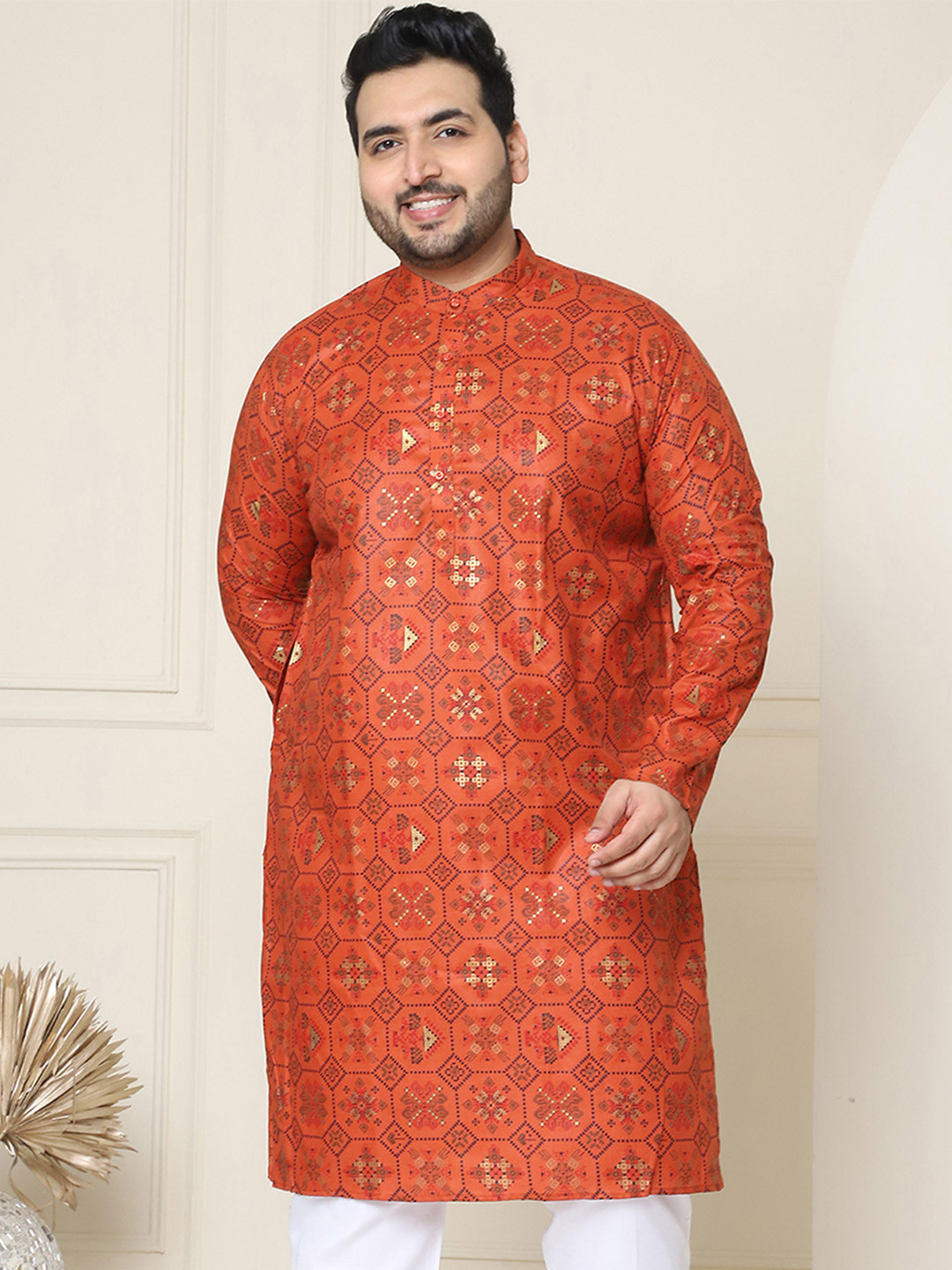 SOJANYA PLUS Size Ethnic Motifs Printed Woven Design Band Collar Zari Straight Kurta