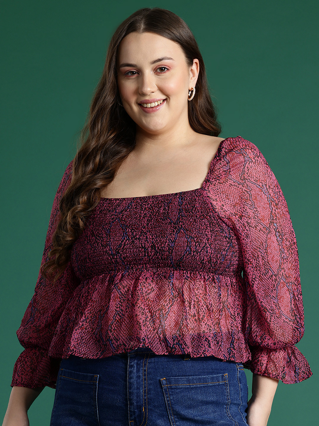 DressBerry Curve Plus Size Animal Print Bell Sleeves Georgette Peplum Top