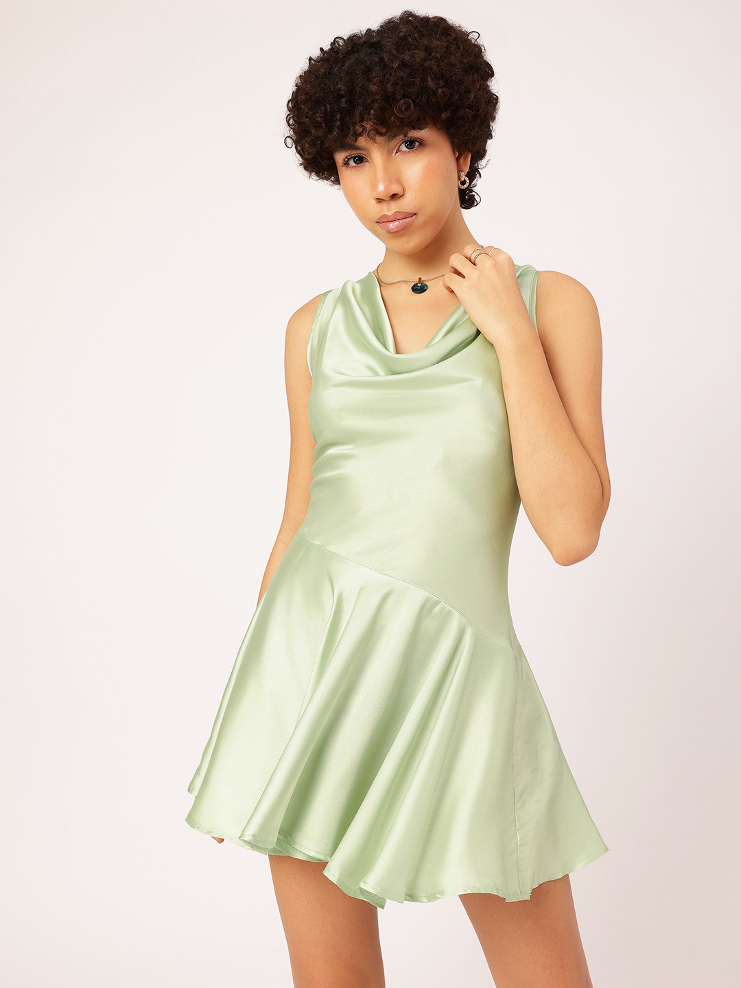 DressBerry Box Pleats Satin Drop-Waist Mini Dress