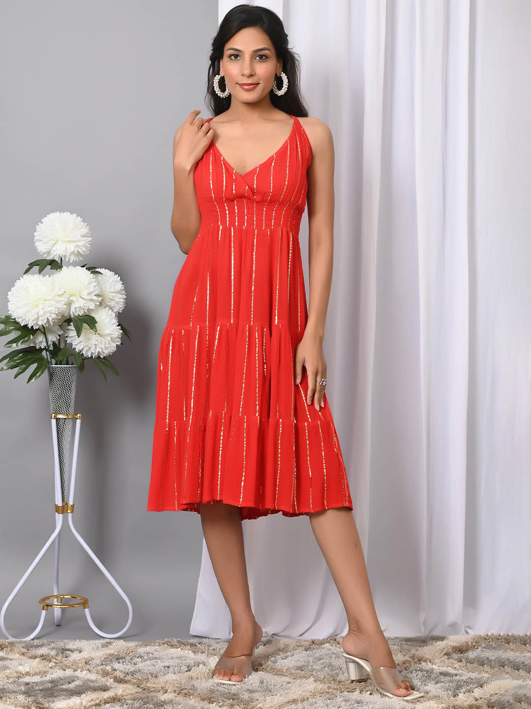IQRAAR Women Red Striped Sleeveless Midi Dress