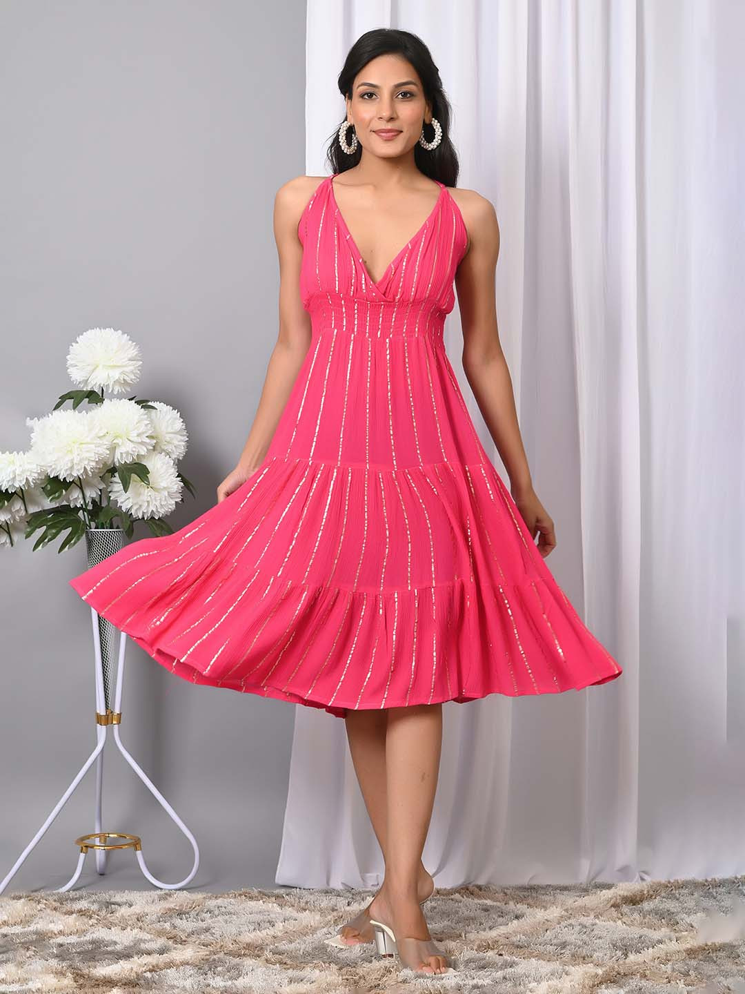 IQRAAR Pink Striped Sleeveless Party Dress