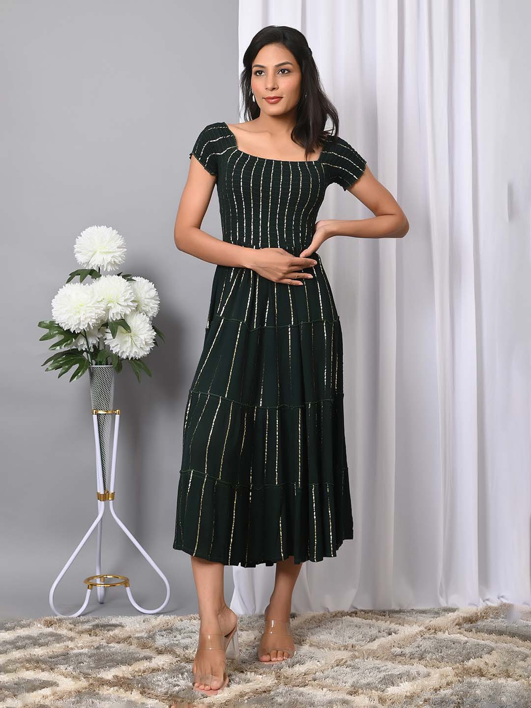 Green Striped Fit and Flare Puff Sleeve Midi Dress