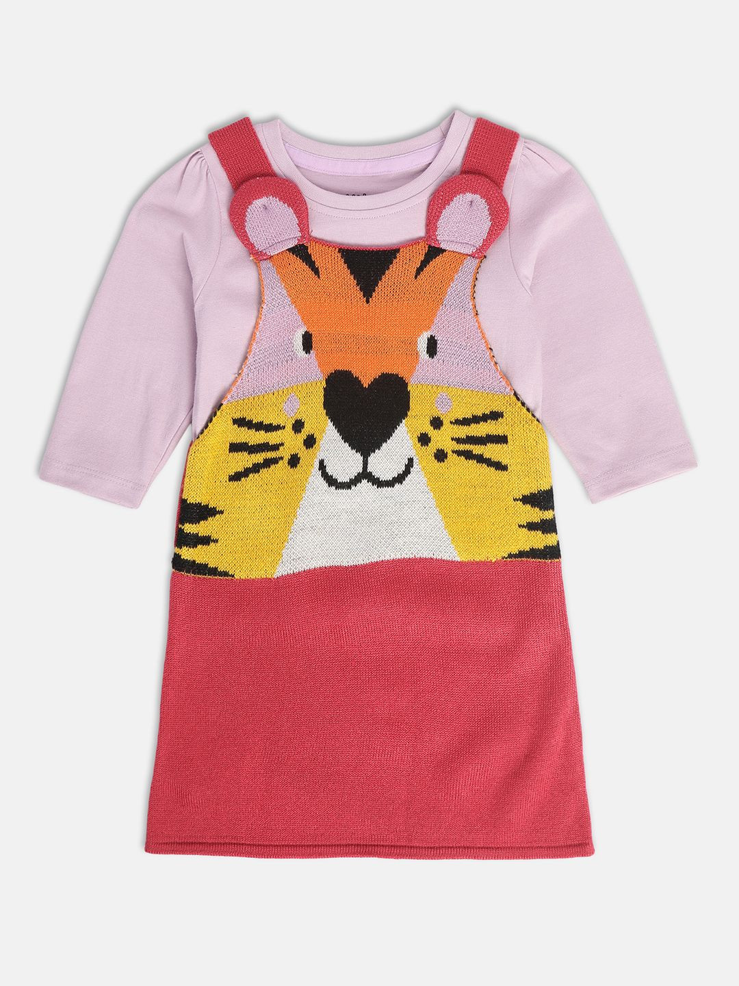 Infant Girls Woven Design Shoulder Straps Neck Cotton Pinafore Dress With Top