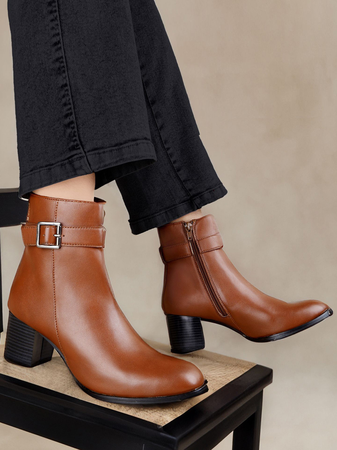 Bxxy Women Faux Casual Buckle Zipper Block Heels High Ankle Boot