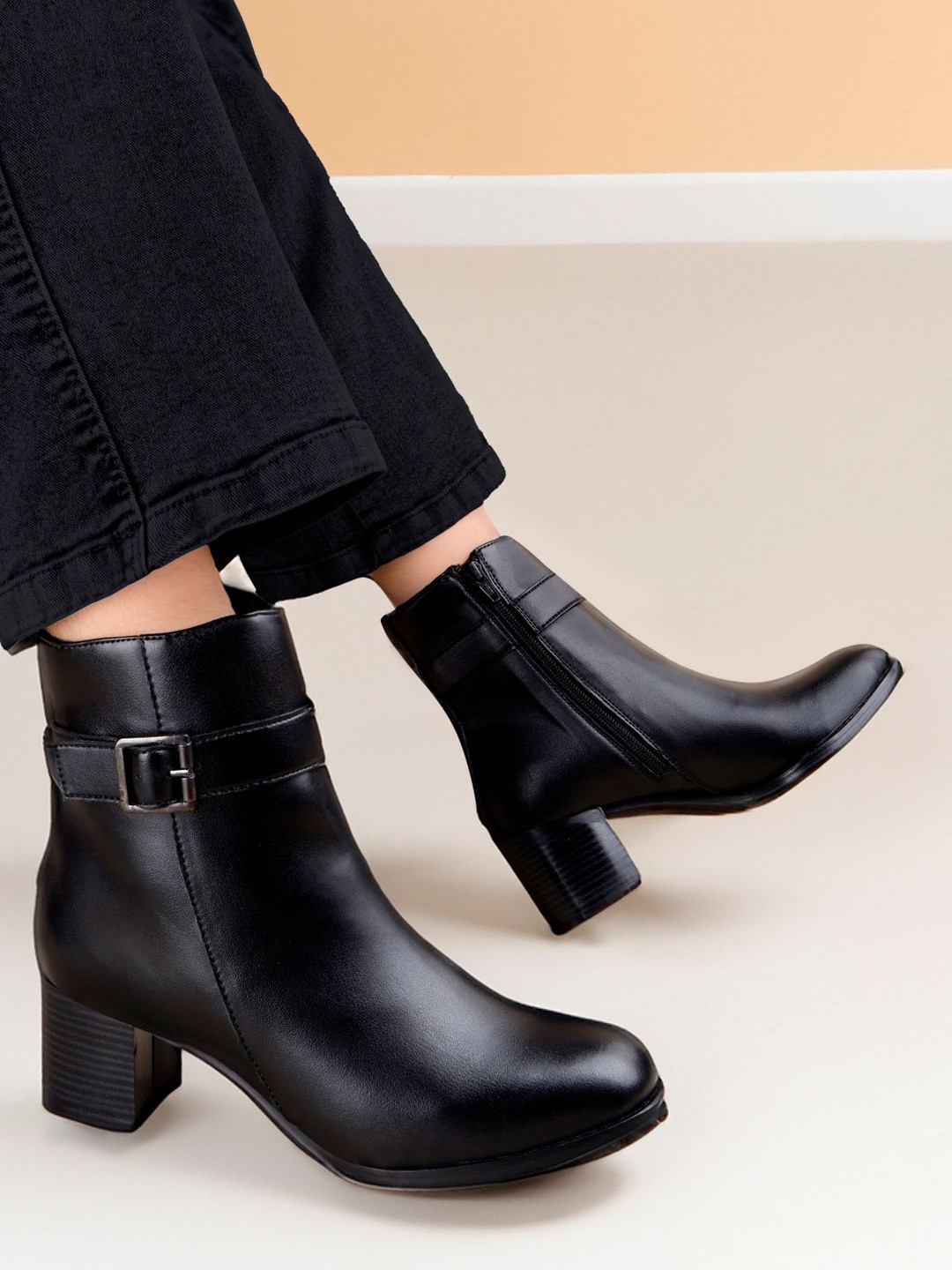 Bxxy Women Faux Casual Buckle Zipper Block Heels High Ankle Boot