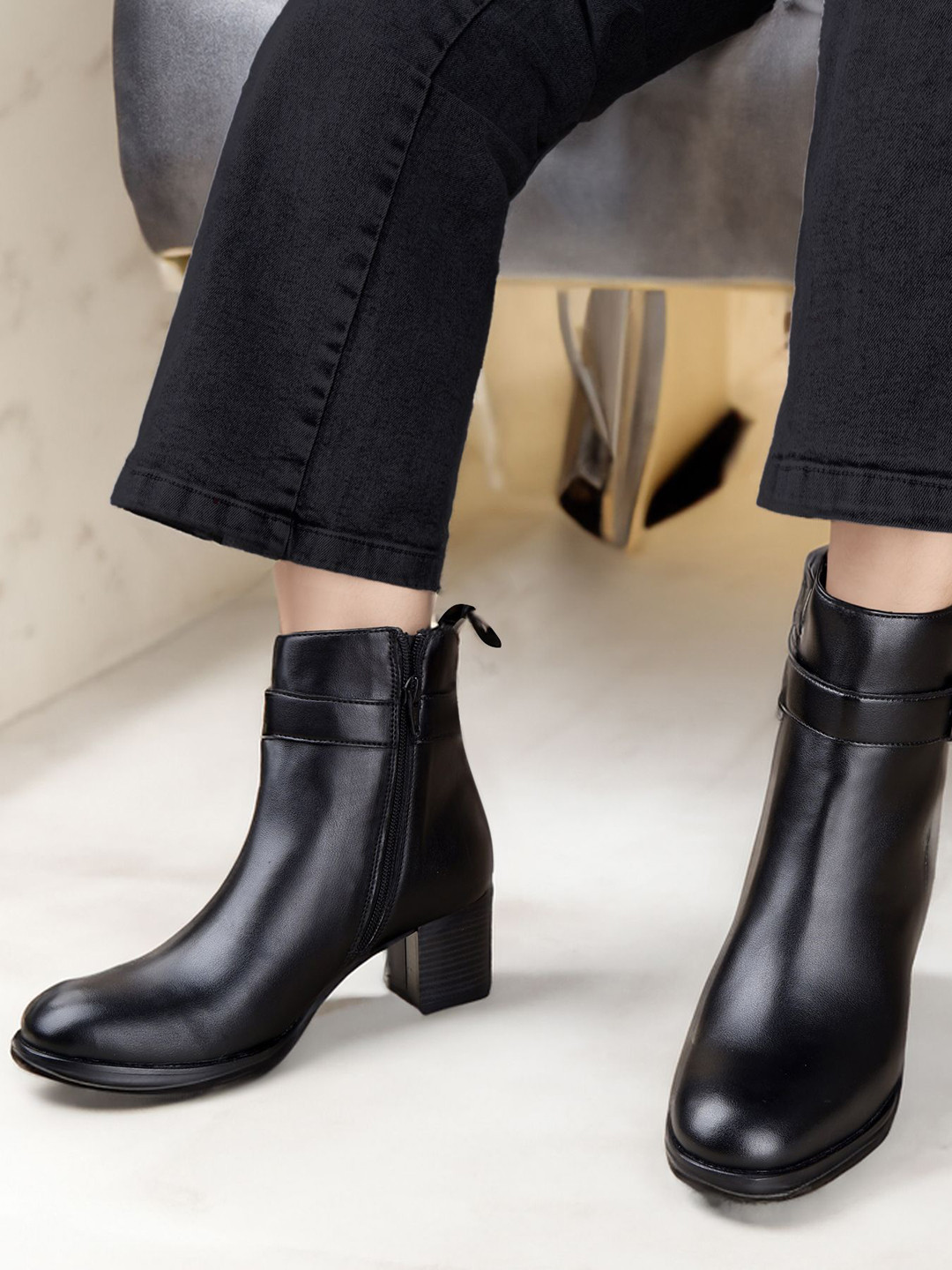 Bxxy Women Faux Casual Buckle Zipper Block Heels High Ankle Boot