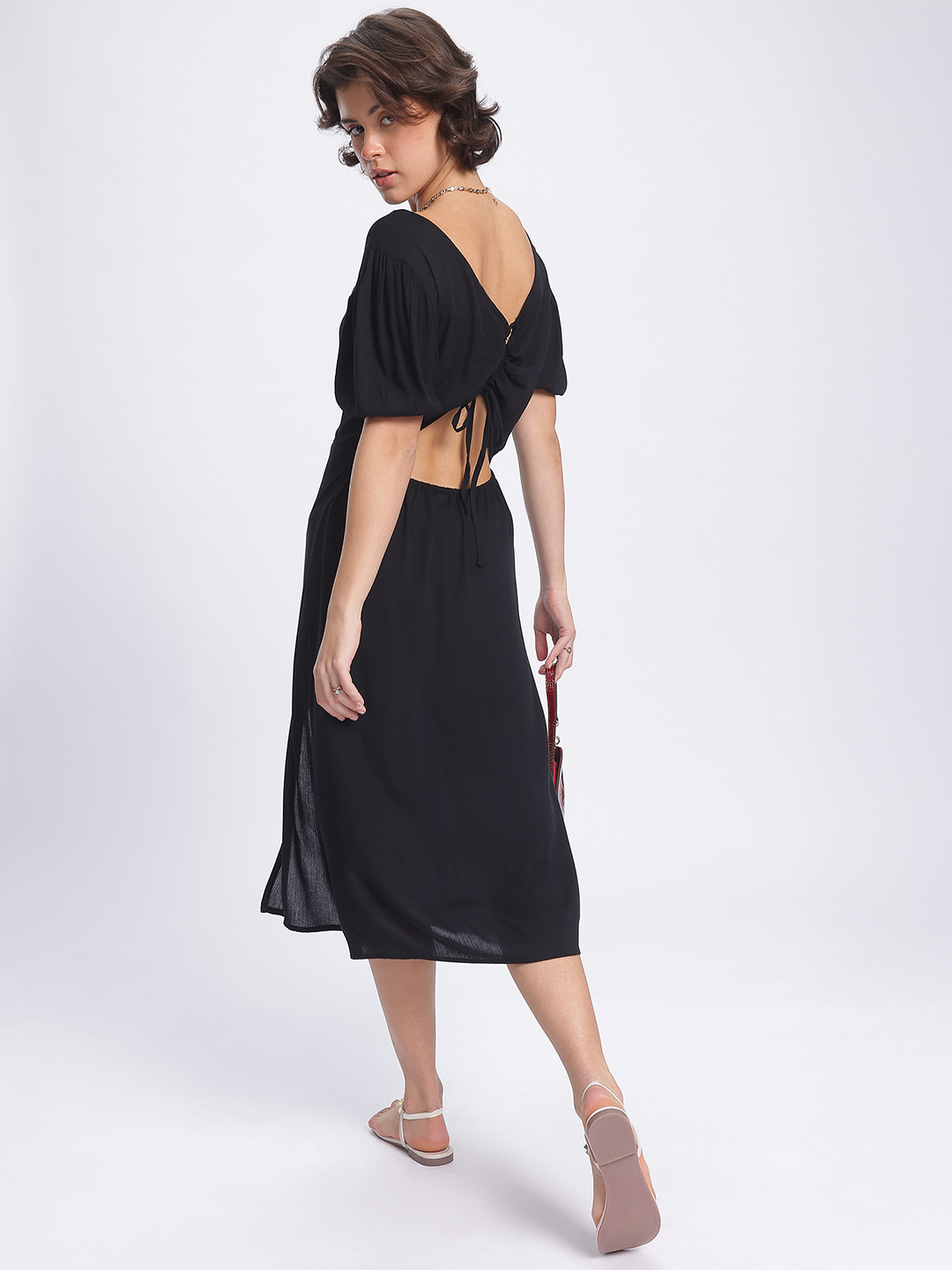 DressBerry Tie-Up Open Back Side Slit A-Line Midi Dress