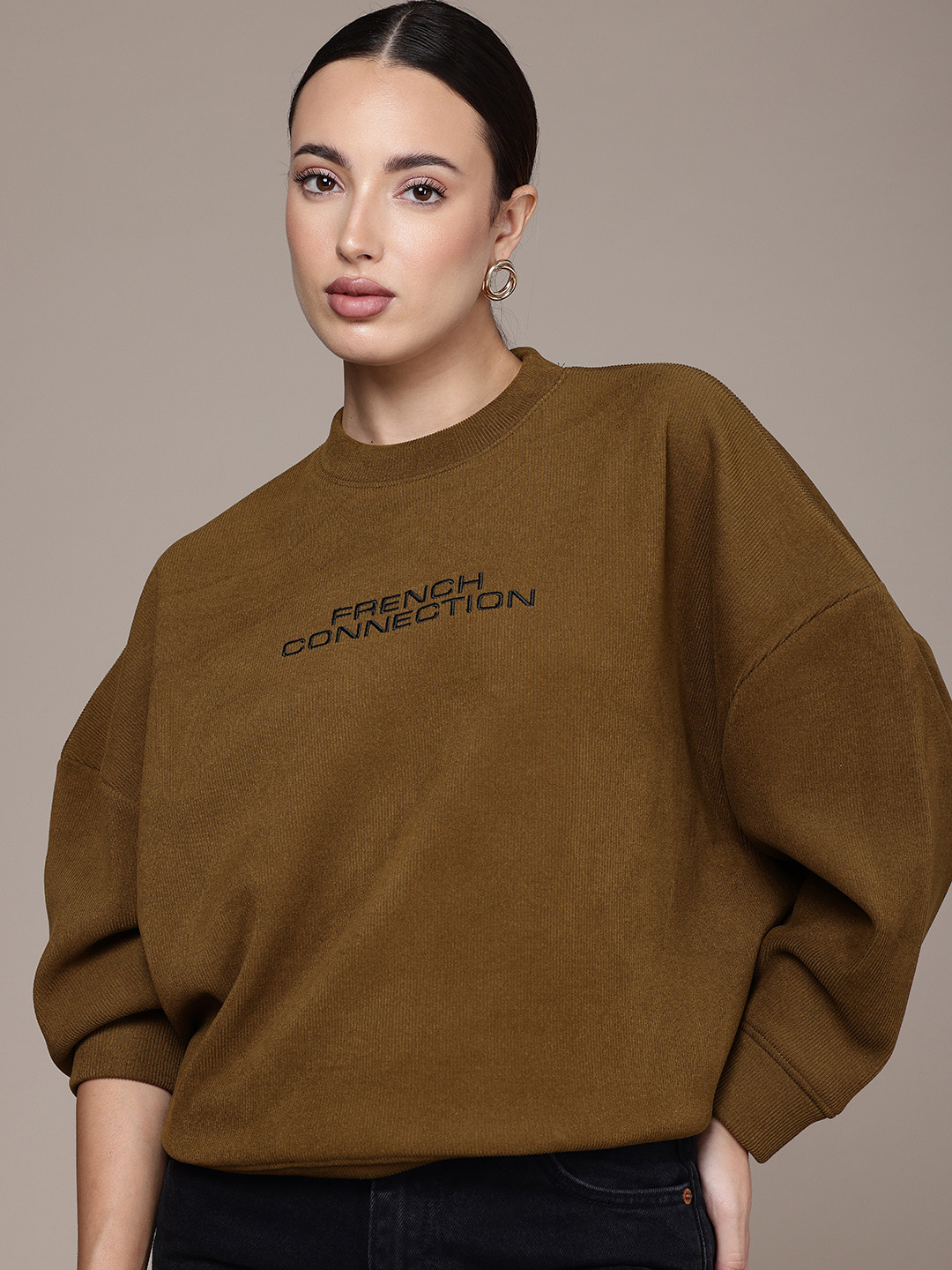 French Connection Ribbed Drop-Shoulder Sleeve Crewneck Sweatshirt