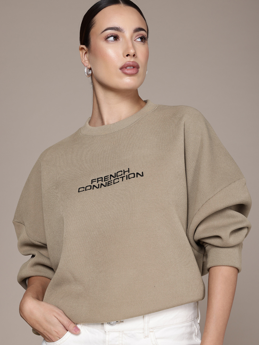 French Connection Ribbed Drop-Shoulder Sleeve Crewneck Sweatshirt