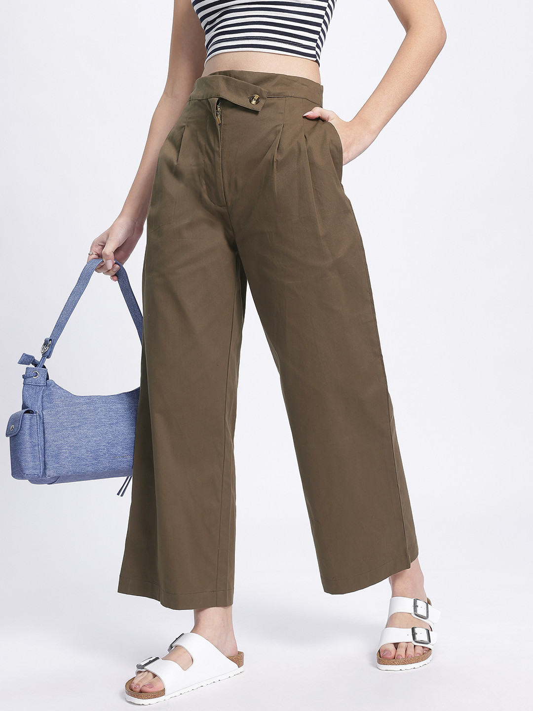 DressBerry Women Pleated Cropped Wide Leg Trousers