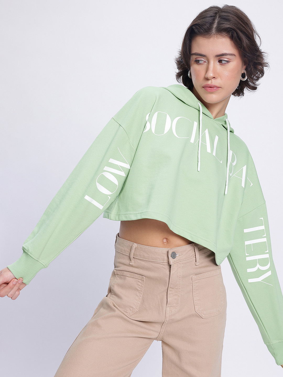 DressBerry Printed Hooded Boxy Crop Sweatshirt