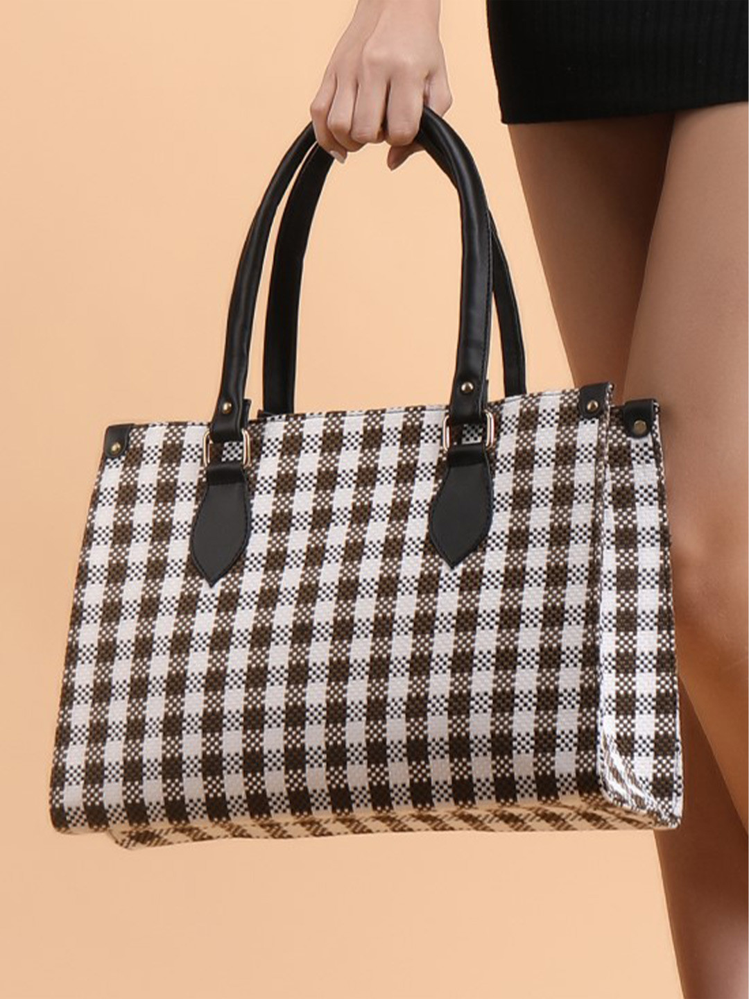 ALL ABOUT HER Women Checked Shopper Tote Bag with Cut Work