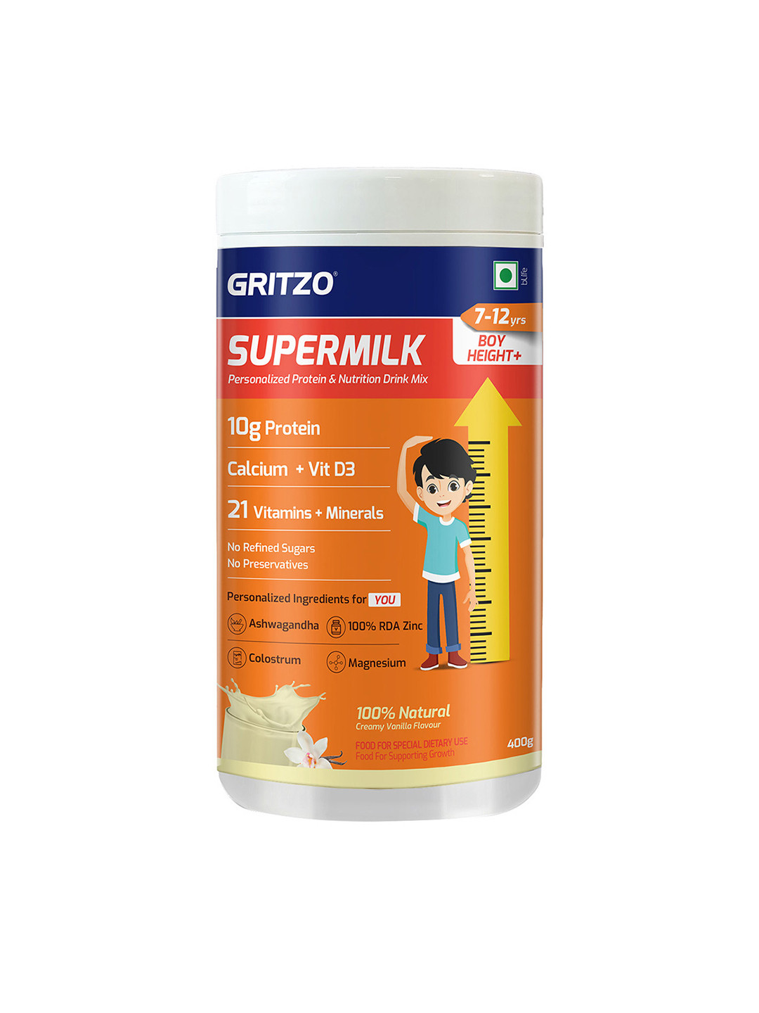 Gritzo SuperMilk Height+ 8-12 Years Boys- Creamy Vanilla-400g