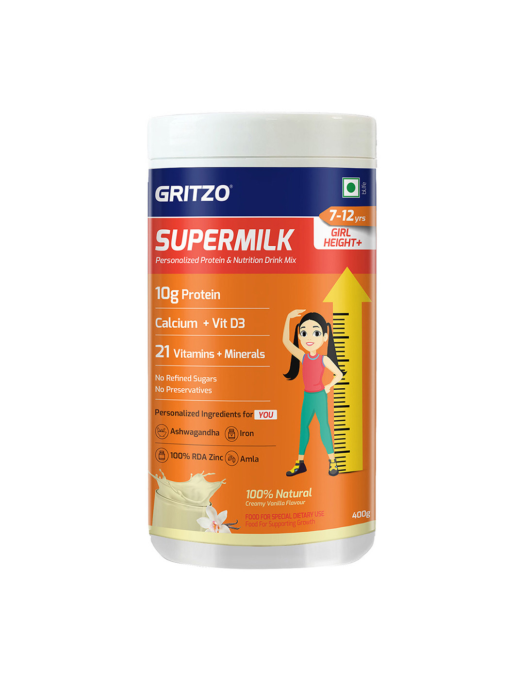 Gritzo Kids SuperMilk Personalised Protein & Nutrition Drink Mix - Creamy Vanilla - 400 g