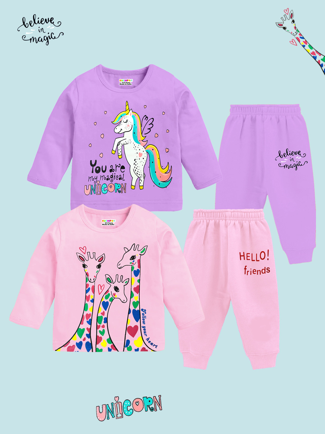 KUCHIPOO Girls Printed Round Neck Pack Of 2 T-Shirt With Pyjamas