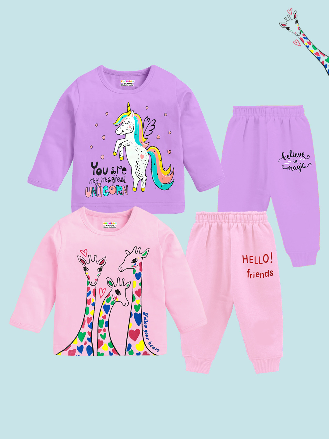 KUCHIPOO Girls Printed Round Neck Pack Of 2 T-Shirt With Pyjamas
