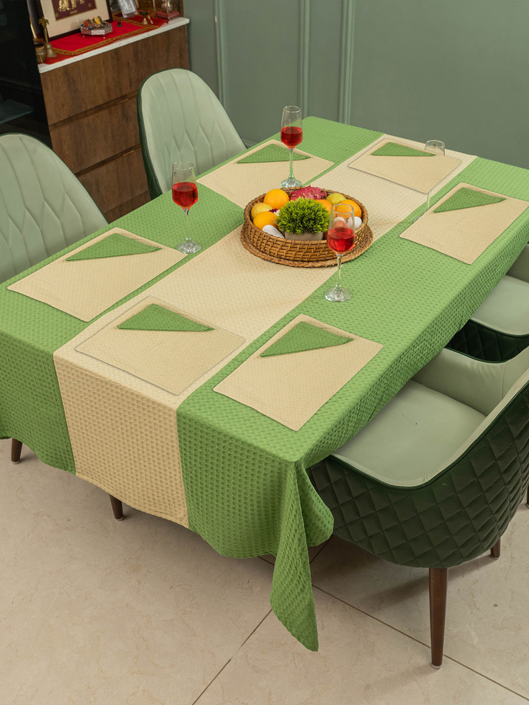 URBAN SPACE Green & Cream Coloured 13 Pieces Textured Cotton Table Linen Sets